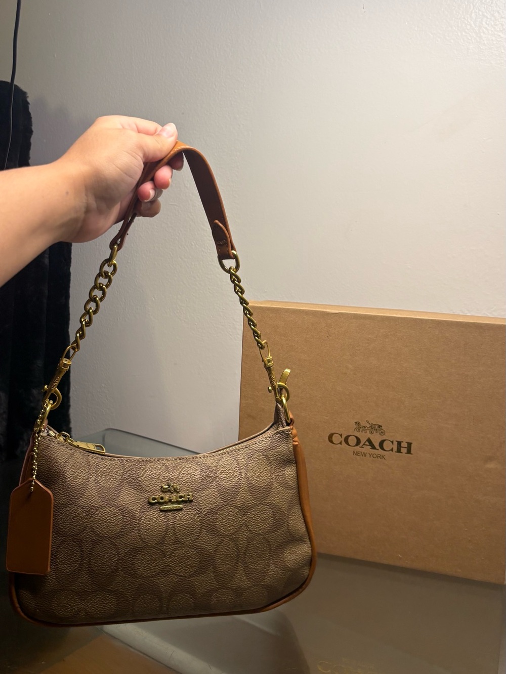 Coach Brown Signature Canvas Shoulder Bag with Tan Trim